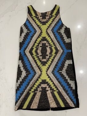 NWT English Rose Beaded Geometric Mini Dress in Blue, Lime & Black
